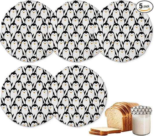 Cute Penguins Sourdough Starter Jar Covers Reusable,Breathable Fabric Lids for Mason Jars,Wide Mouth and Regular Mouth(5 Pack)