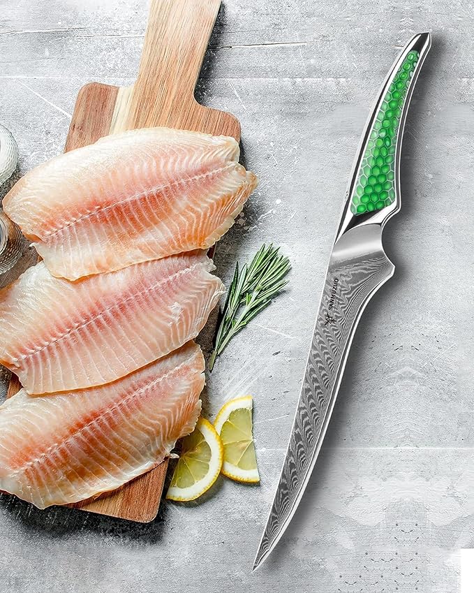 7 inch Fillet Knife, Japanese VG-10 Damascus Steel Kitchen Fish Knife with Ultra Sharp Blade and Full-tang Green Resin Handle
