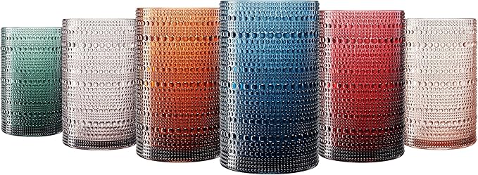 Khen Plastic Hobnail Drinking Highball Glasses Set of 6 Neutral Tones Cups 14oz, Shatterproof & Unbreakable Acrylic Beaded Design, BPA-Free, Dishwasher Safe Indoor/Outdoor Drinkware Water, Cocktails