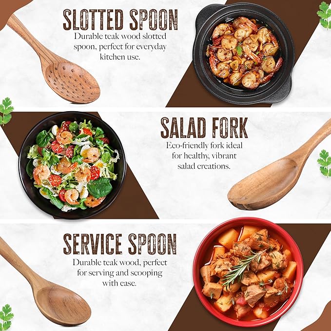 INTAJ Premium Teak Wooden Spoons for Cooking – 9-Piece Kitchen Utensils Set, Durable & Nonstick Safe, Eco-Friendly,Ergonomic Stir, Mix, Scrape & Serve – Ideal for Nonstick,Cast Iron & Ceramic Cookware