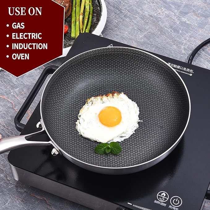 LOLYKITCH 8-10-12 Inch Hybrid Tri-Ply Stainless Steel Non-Stick Frying Pan Set of 3,Skillets,Induction Cooking Pans,Pots and Pans Set,Dishwasher and Oven Safe,Detachable Handle.