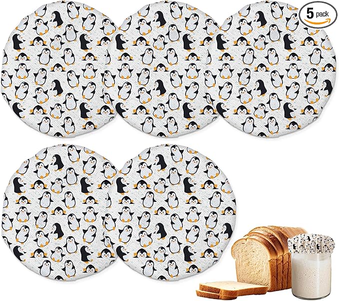 Cute Penguins Penguin Sourdough Jar Cover Reusable Cloth Lid for Sour Dough Starter Jar,5 Pack Bread Fermentation Container Tops Elastic Fabric Caps