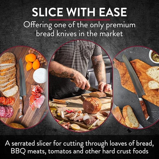 STEELPORT 10” Bread Knife – Multifunctional Serrated Kitchen Knife | Carbon Steel Blade for Sourdough, Bread, BBQ | Handcrafted Home & Professional Chef Tool with Oregon Maple Burl Handle
