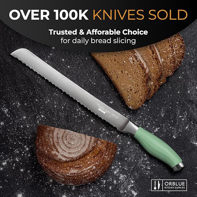 Orblue Serrated Bread Knife with 10-inch Upgraded Stainless Steel Razor Sharp Wavy Edge Width - Bread Cutter Ideal for Slicing Homemade Bagels and Cake, Green