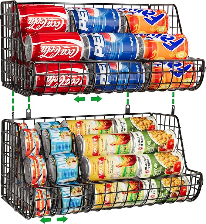 2-Tier Stackable Can Organizer for Pantry Shelves, 2 Pack Soda Can Organizer with 4 Adjustable Dividers, Kitchen Can Storage Organizer, Wire Drink Organizer, Metal Can Dispenser for Cabinets Shelf