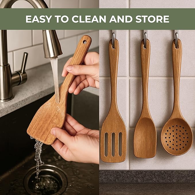 XXL Wooden Utensil Set – 13 Piece Acacia Wood Cooking Tools with Square Holder for Nonstick Cookware with Holder & Spoon Rest – Wooden Spoons for Cooking, Spatula, Spurtle