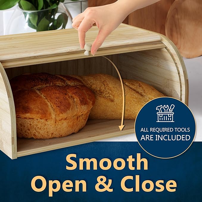 Bamboo Bread Box Space Saving Rustic Roll-Top Bread Bin for Countertop - Store Bread Cake and Baked Goods - 15 x 9.8 inches (Sliding door)