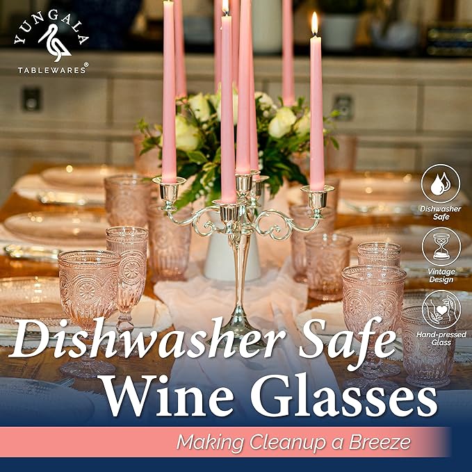 Yungala Pink Wine Glasses, set of 6 pink goblets handcrafted from pink glass (not painted or coated) ensuring your glassware is dishwasher safe and the color won't peel or chip.