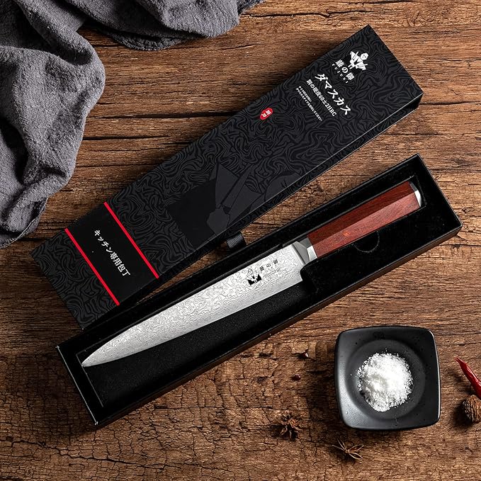 Slicing Knife 8 inch Damascus VG-10 Super Steel 67-Layer Damascus Slicing Carving Knife with Hexagon Natural Wood Handle for Beautiful Thin Slices of Pork, steak, brisket, and Poultry