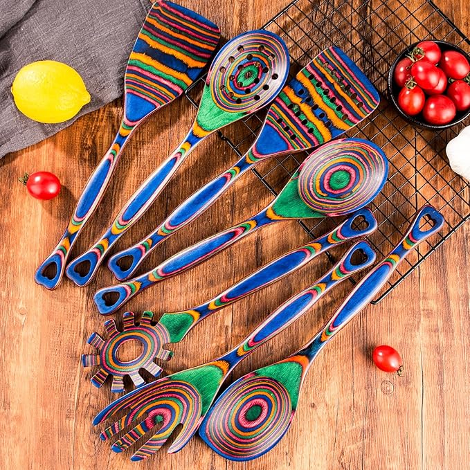 Gudamaye Pakkawood 7-Piece Wooden Cooking Utensils, Wooden Spoons for cooking, Pakkawood kitchen Utensils for Cooking, Non-Stick Spoon, Household Essentials, Heat-Resistant Spoons