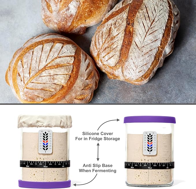 Premium Sourdough Starter Jar - 40oz Large Sourdough Jar with Marked Feeding Band, Thermometer, Scraper, Cloth Cover and Silicone Lid/Base, Wide Mouth Starter Kit - Green/Purple