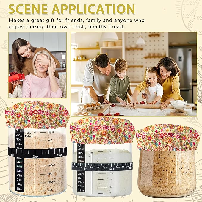 Colorful Flowers Peace Love Cloth Covers for Sourdough Starter Jar,Reusable Lid Top Cover Bread Fermentation Baking Supplies for 3-4 Inch Jar Mouth