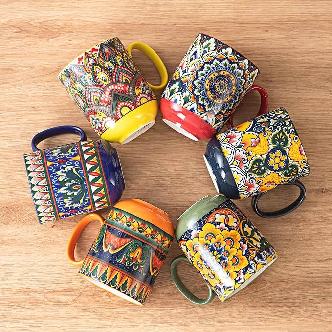 Henten Home Porcelain Coffee Mug Set of 6, 14 oz Colorful Latte Cup with Handle, Boho Ceramic Mug for Hot Chocolate, Milk, Tea, Cappuccino, Cocoa, Microwave & Dishwasher Safe
