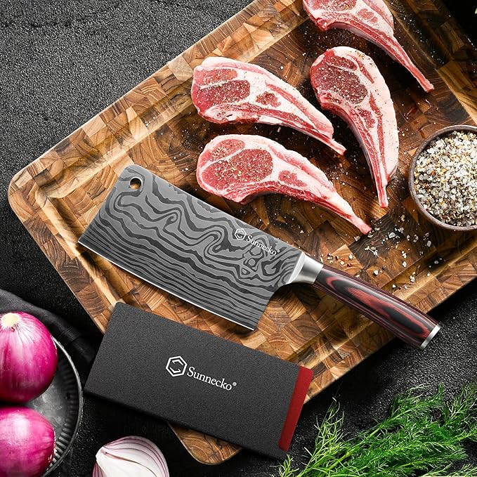 Sunnecko 7 Inch Cleaver Knife, High Carbon Stainless Steel Chinese Cleaver with Wooden Handle,Razor Sharp Meat Cleaver for Home and Kitchen
