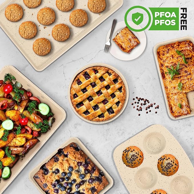 NutriChef 8-Piece Stackable Bakeware Set - Carbon Steel Non-Stick Baking Pan Set, Sheet, Muffin, Round, Loaf, Square Cake & Deep Pans, 450°F Heat Resistant, Standard & Convection Ovens (Marble Cream)