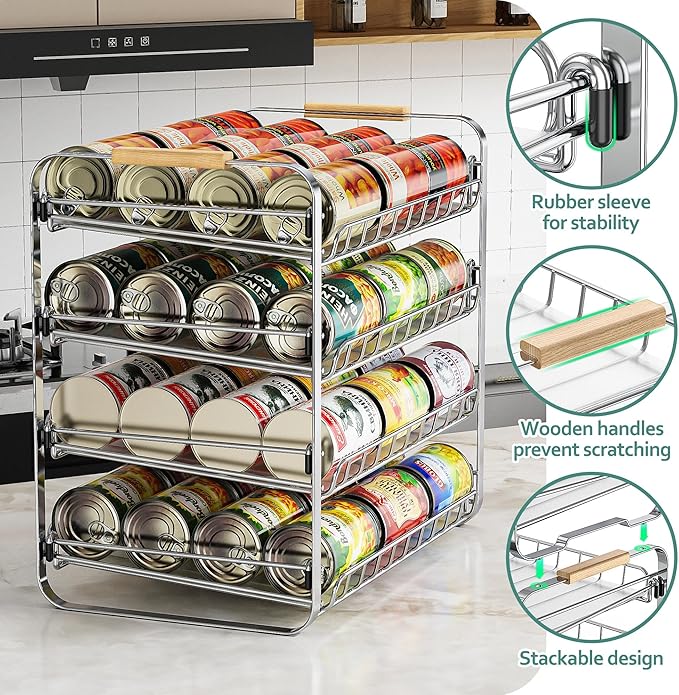 MAXIFFE 4 Tier Can Organizer for Pantry, 16.9" W×11.5" D×16.7" H, Space-Saving Adjustable Metal Hold 40 Standard 12-oz Cans Storage Rack Holder for Countertop Kitchen Soda Drinks Fruits, Chrome