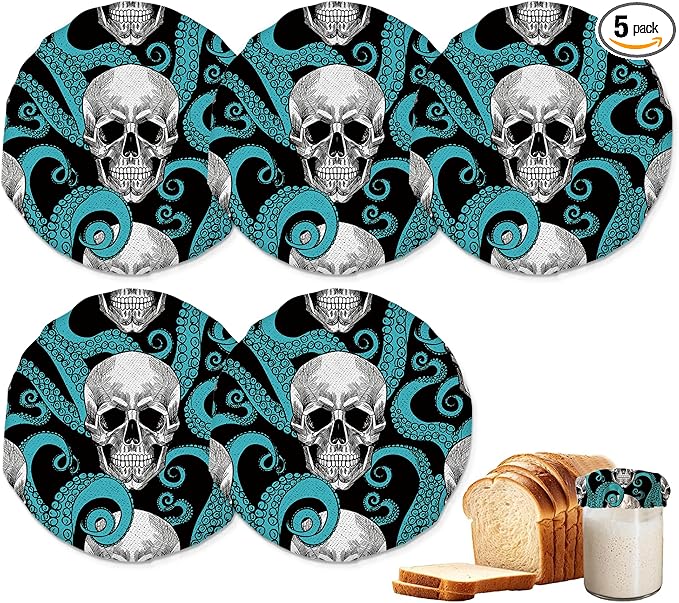 Skull and Octopus Sourdough Jar Cover Reusable Cloth Lid for Sour Dough Starter Jar,5 Pack Bread Fermentation Container Tops Elastic Fabric Caps