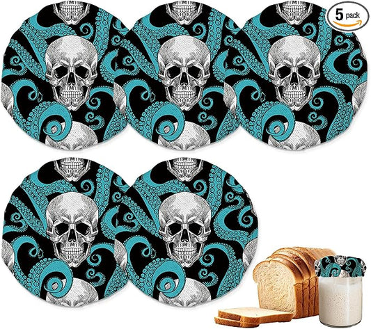 Skull and Octopus Sourdough Jar Cover Reusable Cloth Lid for Sour Dough Starter Jar,5 Pack Bread Fermentation Container Tops Elastic Fabric Caps