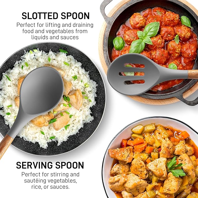 Zulay Kitchen Utensils Set Non-Stick Silicone Cooking Utensils Set with Authentic Acacia Wood Handles - 5 Piece Silicone Utensil Set - Kitchen Utensils Set with 464°F Heat Resistance - Gray