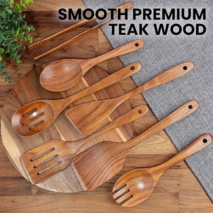 Zulay Kitchen Teak Wood Utensil Set – 7 Piece Wooden Cooking Utensils – Slotted Spoon, Bowl Scraper, Solid & Slotted Turner, Salad Spoon, Fork & Tongs – Durable, Nonstick Safe & Smooth Finish