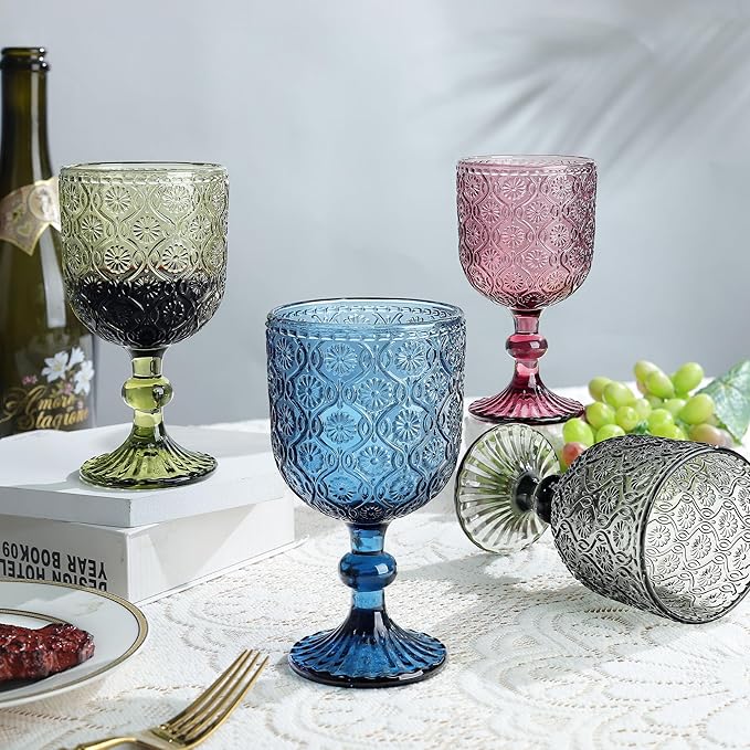 Joeyan Vintage Glass Wine Goblet,Embossed Floral Stemmed Wine Glasses,Colored Drinking Cups,Heavy-Duty Glassware for Wedding Party Bar,Multicolor,12 oz,Set of 4,Dishwasher Safe