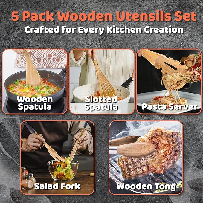 Wood Cooking Utensils Set, 5 PCS Wooden Spoons for Cooking Includes Stainless/Wood Kitchen Tongs, Non-Stick Wooden Utensil Set with Innovative Finger Groove & Non-Slip Notch Design, Black