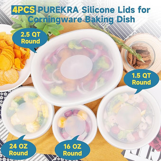 Silicone Lids for CorningWare 16-Ounce & 24-Ounce & 1.5 Quart Round Dish and 2-1/2-Quart Oval Casserole Dish, 4 Pack Reusable Covers (Dish not Included) Dishwasher & Microwave & Freezer Safe