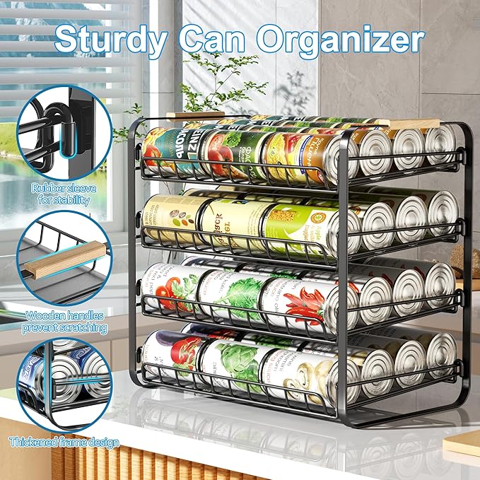 MAXIFFE 4 Tier Can Organizer, Space-Saving Easy Assembly Adjustable Sturdy Metal Hold 48 Cans Storage Holder Rack Dispenser for Pantry Kitchen Cabinet Countertop RV, for Soda Drinks Fruits, Black