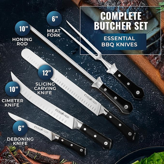 Cutluxe 5-Piece Butcher Knife Set – Slicing Carving Knife Set for Meat Cutting, Ultra Sharp German Steel, Full Tang, Ergonomic Handles – Artisan Series