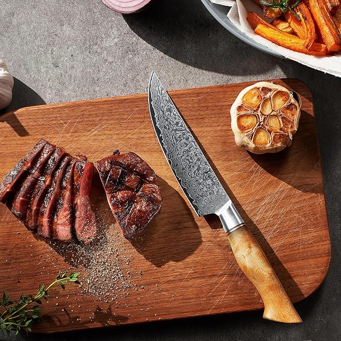 SENKEN 6-Piece Damascus Steel Steak Knife Set - Non-Serrated Steak Knives with Sycamore Wood Handles - The Dynasty Collection - 67-Layer Japanese VG10 Steel (6-Piece Steak Knife Set)