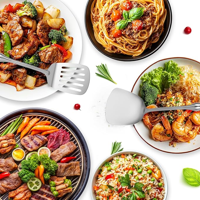 Stainless Steel Cooking Utensils Set Kitchen Tools Set, 2pcs Metal Utensils for Cooking, 14 inch Long Wok Utensils Set