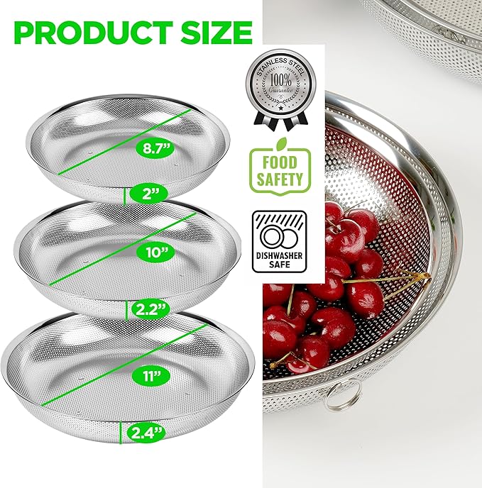 Premium 18/8 304 Stainless Steel Small Colander Set of 3, Comfortable Tray, Micro-Perforated Shallow Colanders 2-3-4 Quart Set, Self-Draining Solid Base for Pasta, Fruits, Vegetables