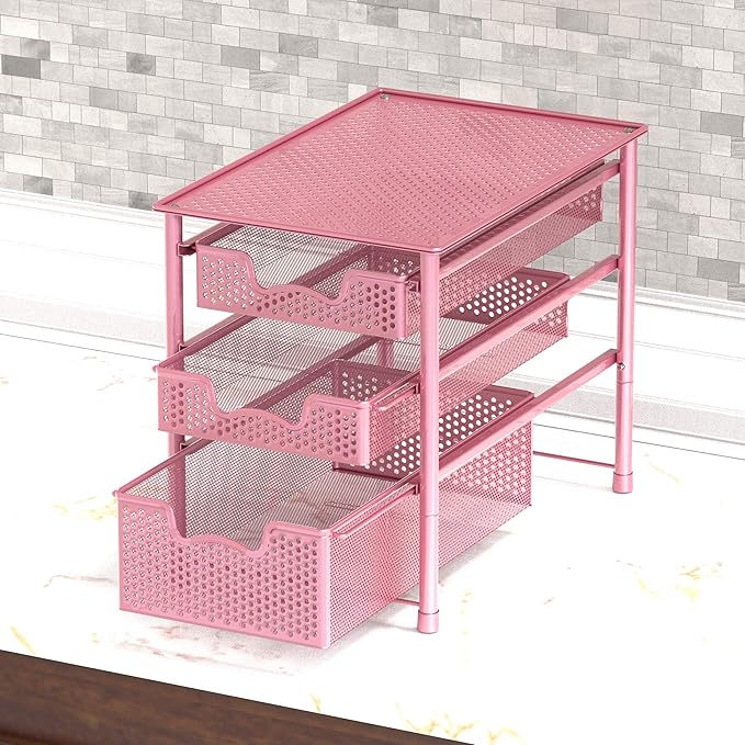 Simple Houseware Stackable 3 Tier Sliding Basket Organizer Drawer, Pink
