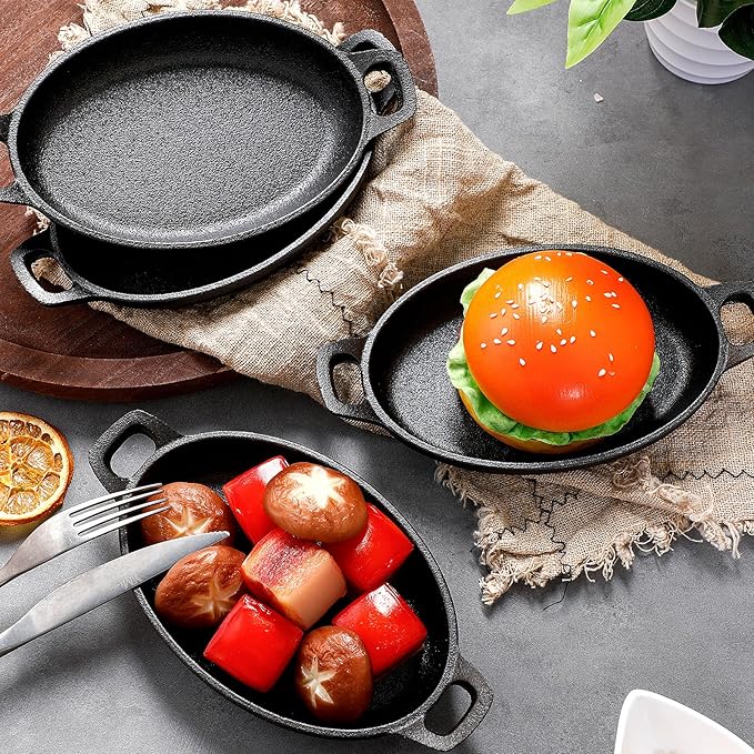 Mifoci 8 Pcs Oval Serving Dish Mini Cast Iron Skillet Cast Iron Baking Pan Sizzling Plate Matte Black Gratin Cookware for Home Restaurant Kitchen Food Service Barbecue (7.1" X 4.7")