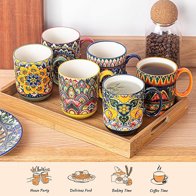 Henten Home Porcelain Coffee Mug Set of 6, 14 oz Colorful Latte Cup with Handle, Boho Ceramic Mug for Hot Chocolate, Milk, Tea, Cappuccino, Cocoa, Microwave & Dishwasher Safe