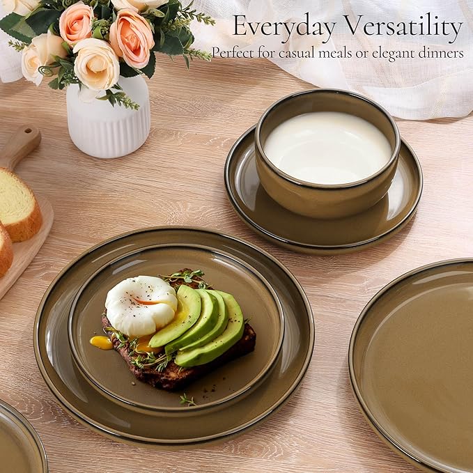E-far Stoneware Dinnerware Sets for 4, 12 Pieces Reactive Glaze Plates and Bowls Sets, Elegant Dishes with Rustic Terracotta Base, Dishwasher & Microwave Safe, Scratch Resistant, Deep Camel