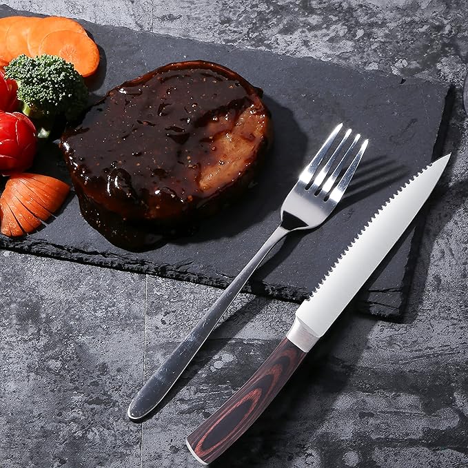 Pakkawood Steak Knives Set of 6, 6PCS Set of Stainless Steel Serrated Steak Knives with Pakka Wood Handle, Fine Edge Dinner Knife Set with Gift Box for Home Party