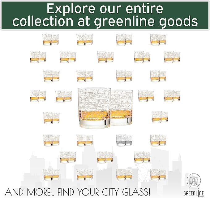 Greenline Goods Whiskey Glasses - 10 Oz Tumbler Set for Charlotte lovers, Etched with Charlotte City Map Old Fashioned Rocks Glass - Set of 2