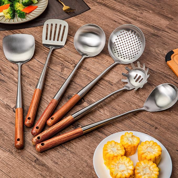 FJNATINH 304 Stainless Steel Kitchen Utensil Sets-6 PCS Wok Spatula Sets Cooking Utensil Tools Spatula, Soup Ladle, Skimmer, Slotted Spatulas Tunner, Spaghetti Spoon