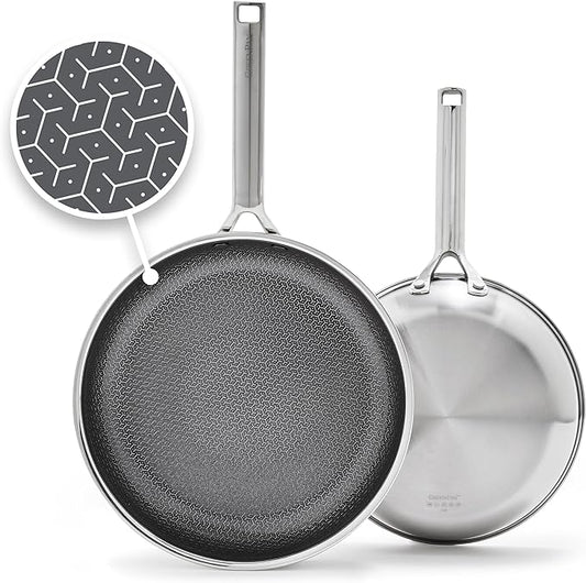 GreenPan Hybrid 9.5” & 11” Nonstick Stainless Steel Frying Pan Set, APEX Tri-Ply Thermobond PFAS-Free Ceramic Skillets, Induction & All Cooktop Compatible, Oven Temp to 850°F, Dishwasher Safe, Silver