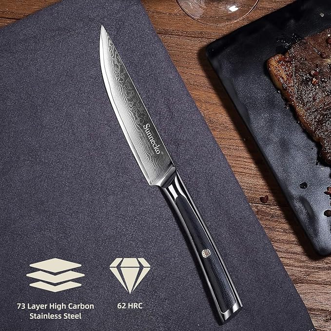 Sunnecko Damascus Steak Knife Set Non Serrated, Japanese VG10 Stainless Steel Steak Knife and Fork Set of 2, 5 Inch Steak Knives G10 Handle with Gift Box