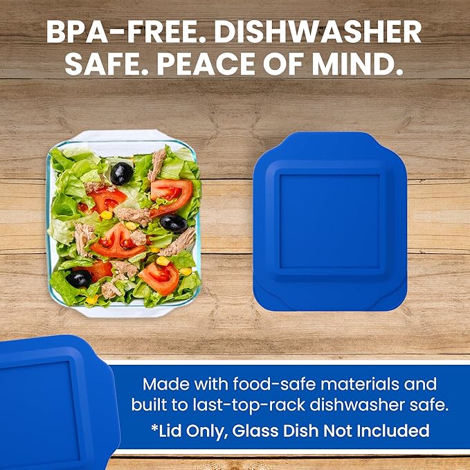 Replacement Lid for Pyrex 2-Quart 8" x 8" Glass Baking Dish #222, Compatible with Lid #222-PC, Food Storage Container Cover with Flush Tab Handles (Blue)