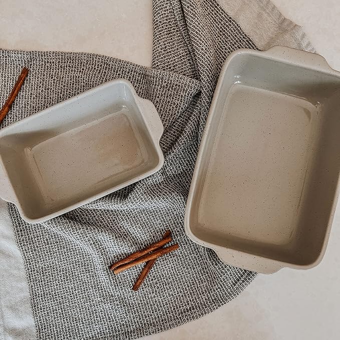 Mora Ceramic Set of 2 Baking Dishes For Casserole, Banana Bread, Brownies, Broiling, Roasting, and Baking. 7x11 in and Loaf Pans - Porcelain Serving Bakeware from Oven to Table. Freezer Safe - Grey