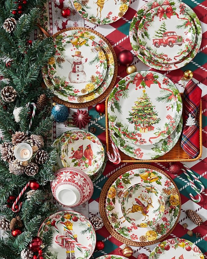 Christmas Dinner Plates, 10 Inch Ceramic Serving Plate Set for Pasta, Steak, Salads, Dishwasher and Microwave Safe, Christmas Dinnerware Set of 6