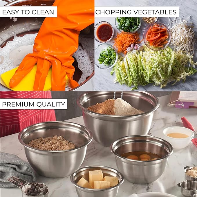 AVADOR Premium Brushed Stainless Steel Mixing Bowls Sets, Easy To Clean, Space Saving, Great for Cooking, Baking, Prepping Needs 0.25qt, 1qt, 1.5qt, 3qt, 5qt (9 pc Anti Slip with Lid and Graters)