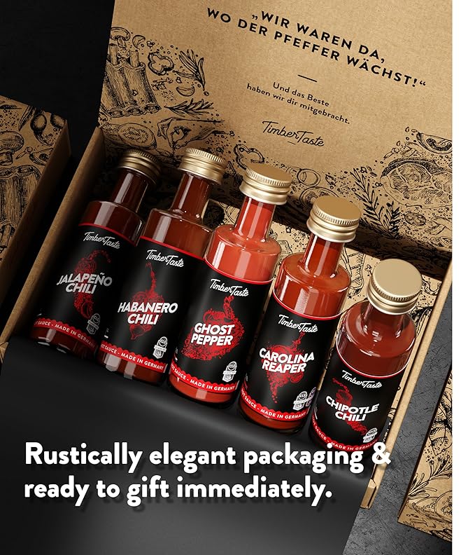 Chili Hot Sauce Bottle Set [5x1.35 oz] - Gifts for Men - For BBQ, Beef, Meat & Spicy Food Lovers - Little Thank You gift for Coworker, teacher, employee or Dad's Birthday by TIMBER TASTE®