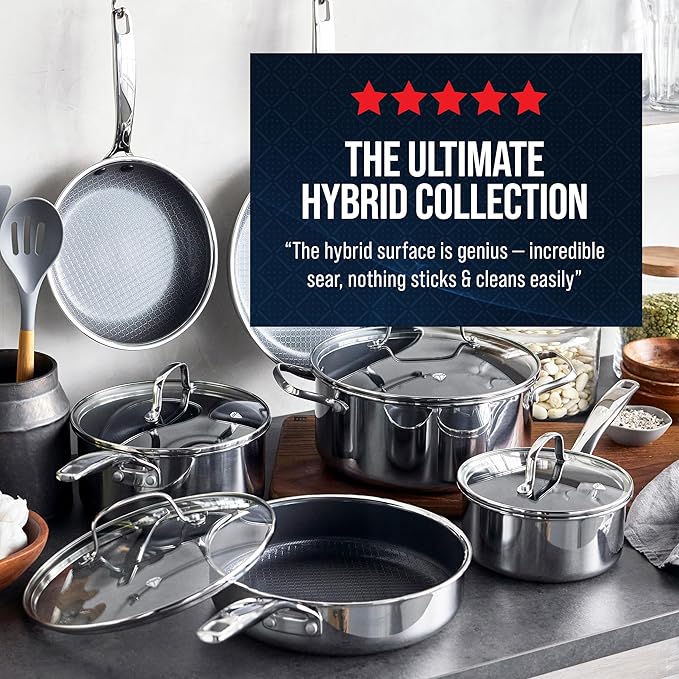 Blue Diamond Hybrid Nonstick Stainless Steel 10” Frying Pan, PFAS-Free Ceramic Diamond Surface Skillet, Diamond Bond Powerful Searing, Dishwasher Safe, Stay-Cool Handle, Induction Ready, All Cooktops