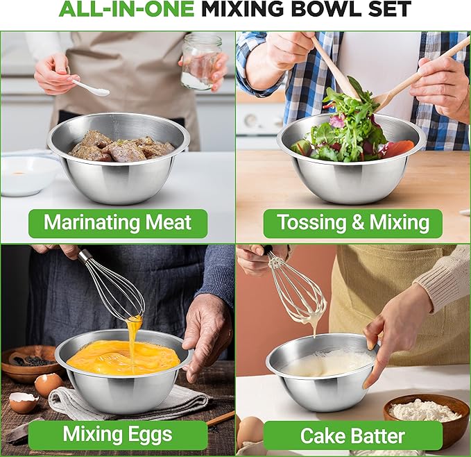NutriChef 6-Piece Premium Stainless Steel Mixing Bowls - Heavy Duty Stackable Nesting Bowls - Kitchen Essentials for Food Prep, Marinating, Mixing Salad - Dishwasher Safe