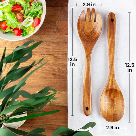 Zulay Kitchen Teak Wood Utensil Set – 2 Piece Large Wooden Salad Serving Spoon and Fork, Handcrafted Natural Teak Wood Kitchen Utensils, Durable, Nonstick Safe & Smooth Finish