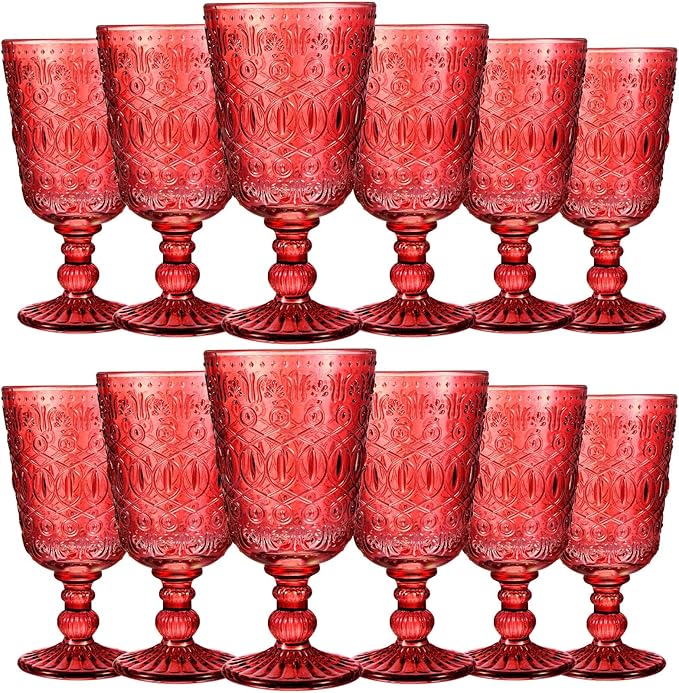 Eaasty Wine Glasses Set of 12 Vintage Goblet 9 oz Vintage Colored Glass Goblet Beverage Stemmed Glass Cups Romantic Embossed Glassware for Wedding Party Holidays Anniversary (Red)